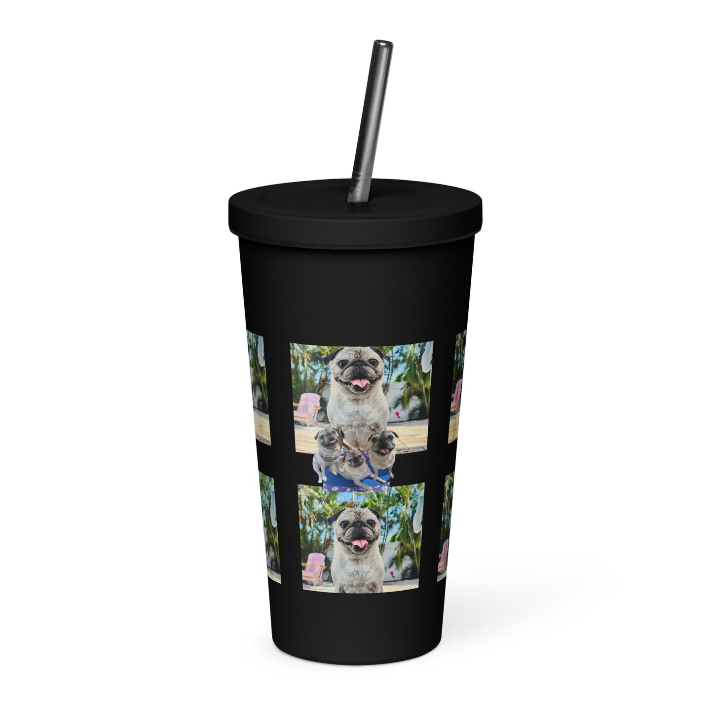 Tudi the Adventure Pug Insulated tumbler with a straw