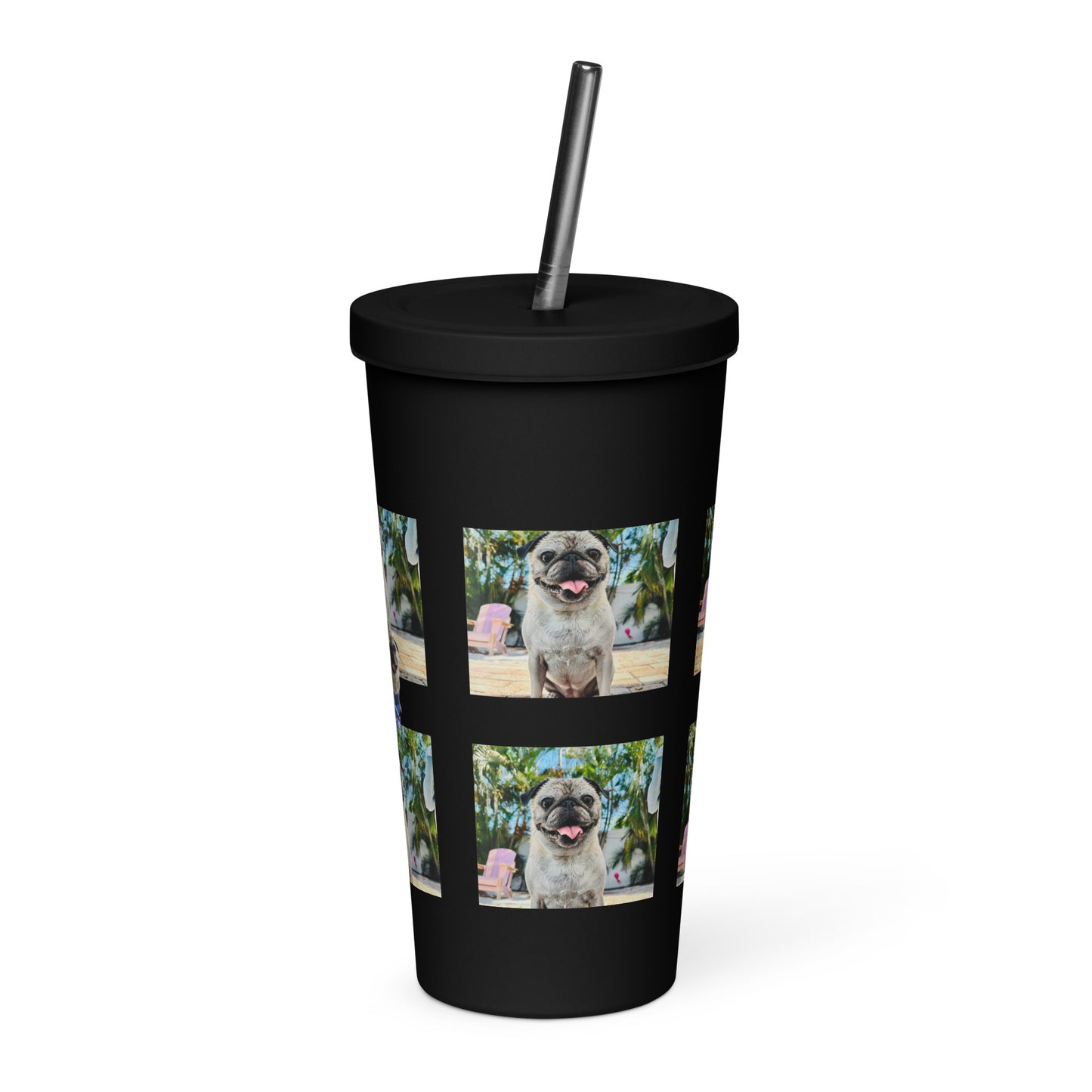 Tudi the Adventure Pug Insulated tumbler with a straw