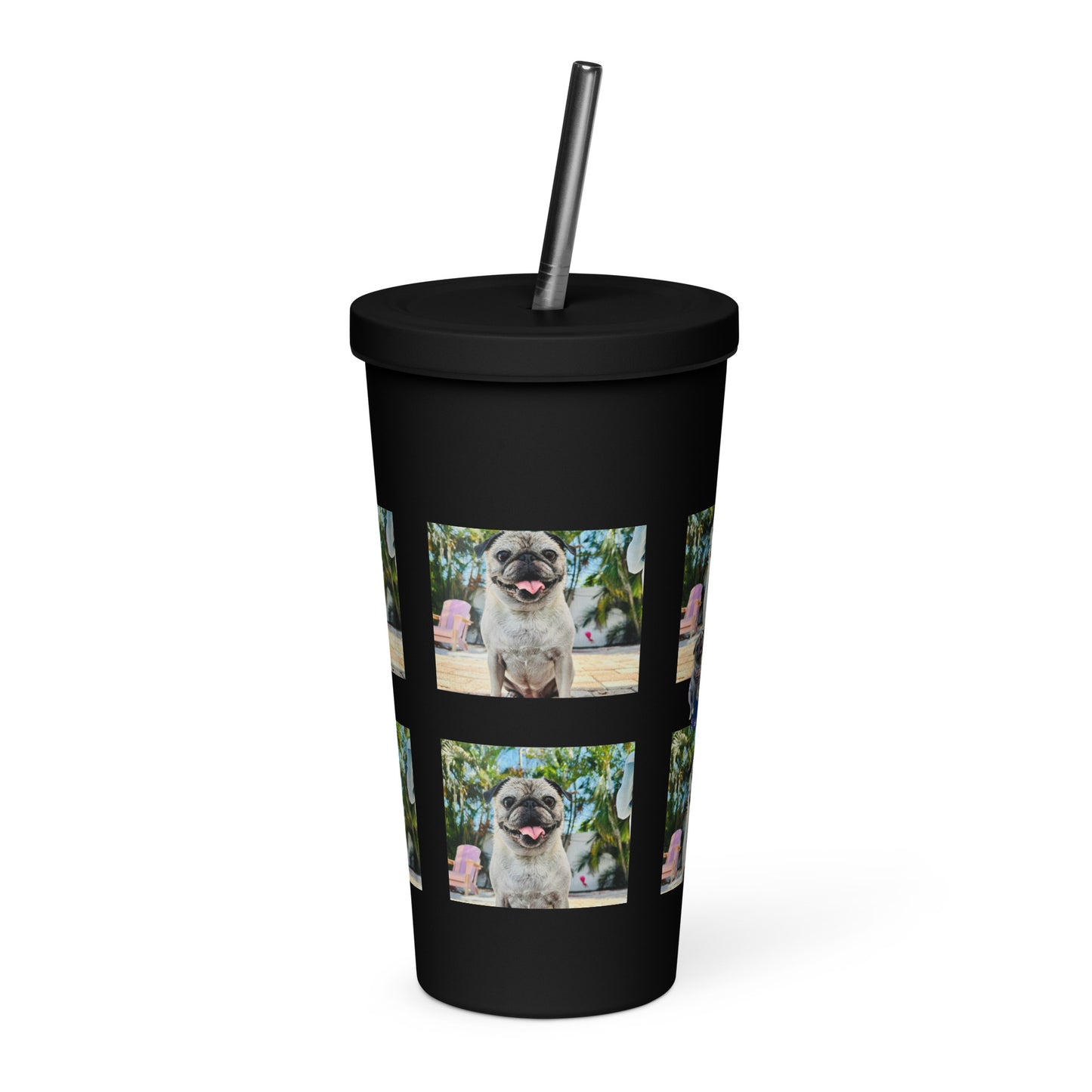 Tudi the Adventure Pug Insulated tumbler with a straw