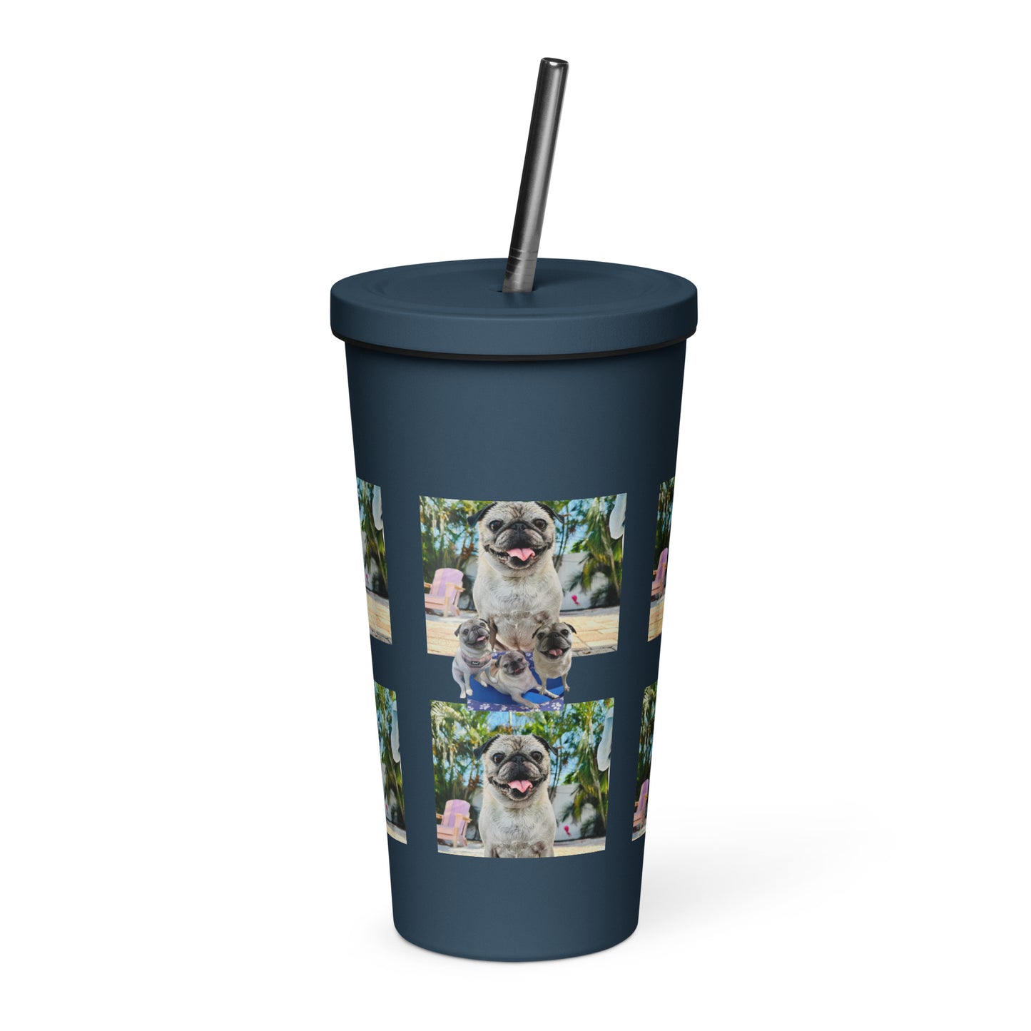 Tudi the Adventure Pug Insulated tumbler with a straw