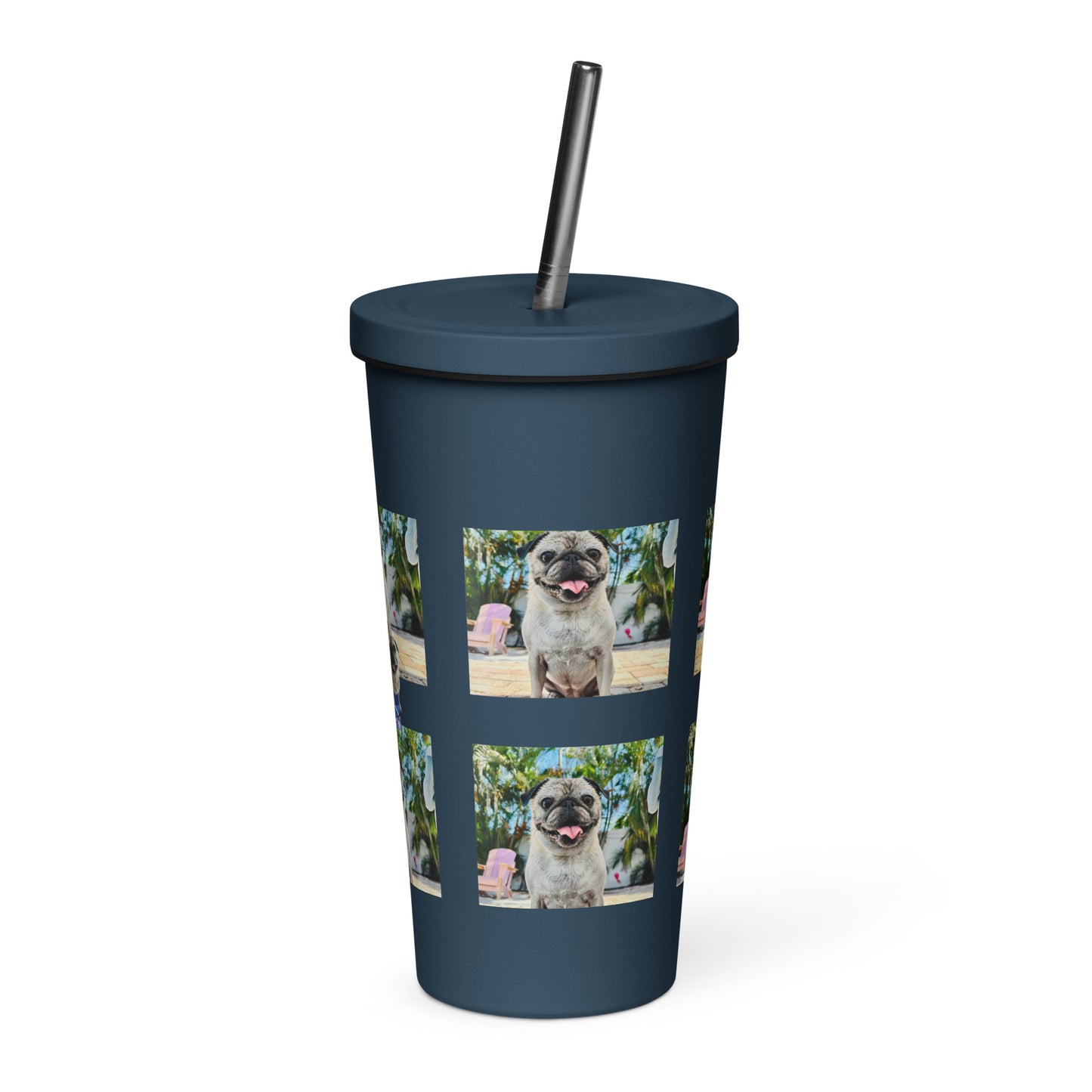 Tudi the Adventure Pug Insulated tumbler with a straw