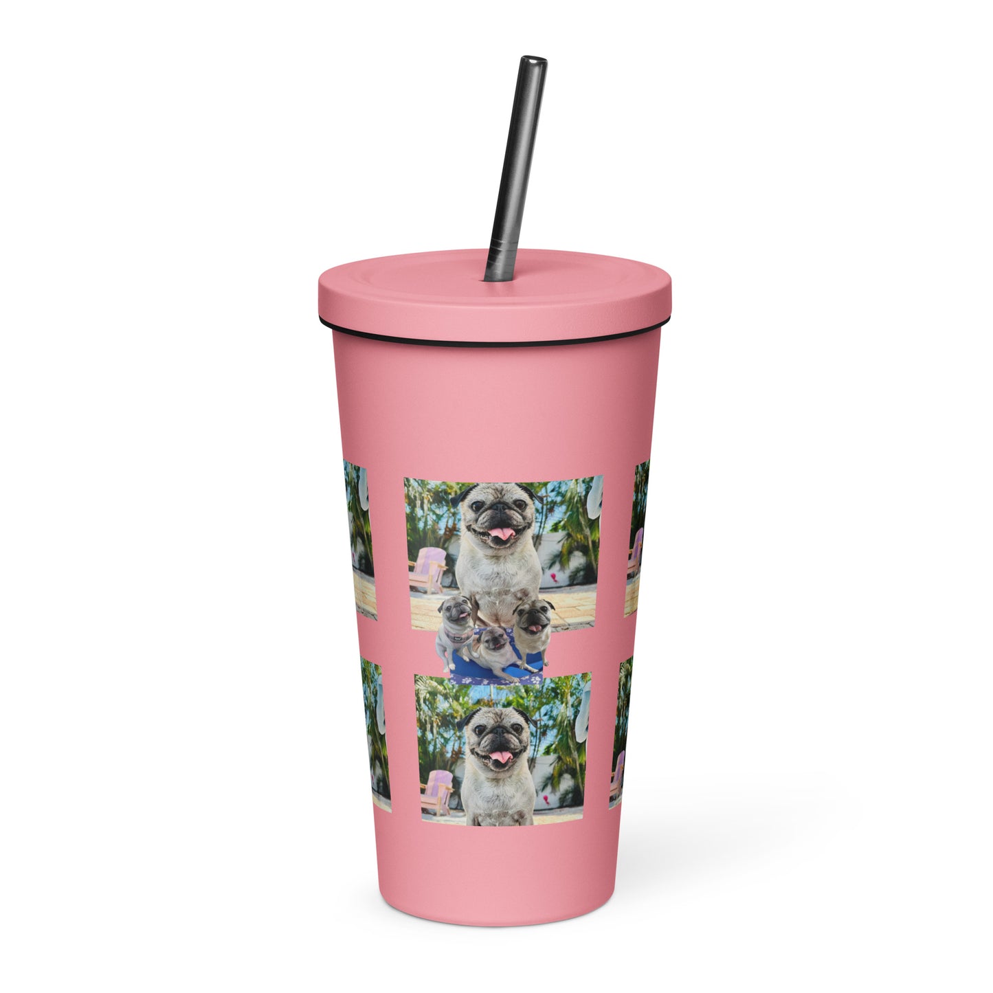 Tudi the Adventure Pug Insulated tumbler with a straw