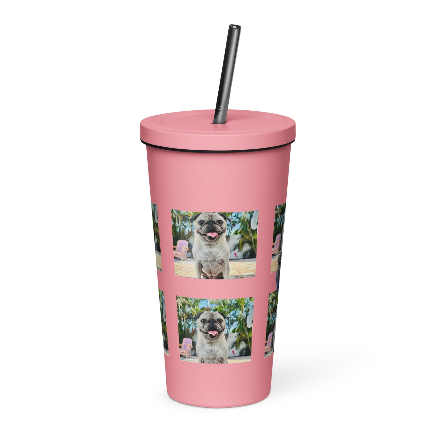 Tudi the Adventure Pug Insulated tumbler with a straw