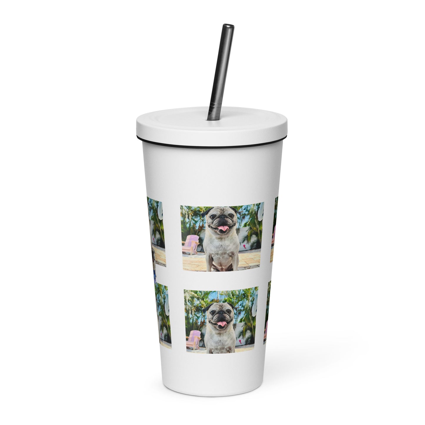 Tudi the Adventure Pug Insulated tumbler with a straw