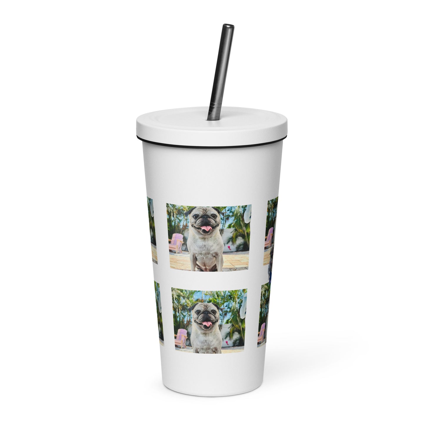 Tudi the Adventure Pug Insulated tumbler with a straw