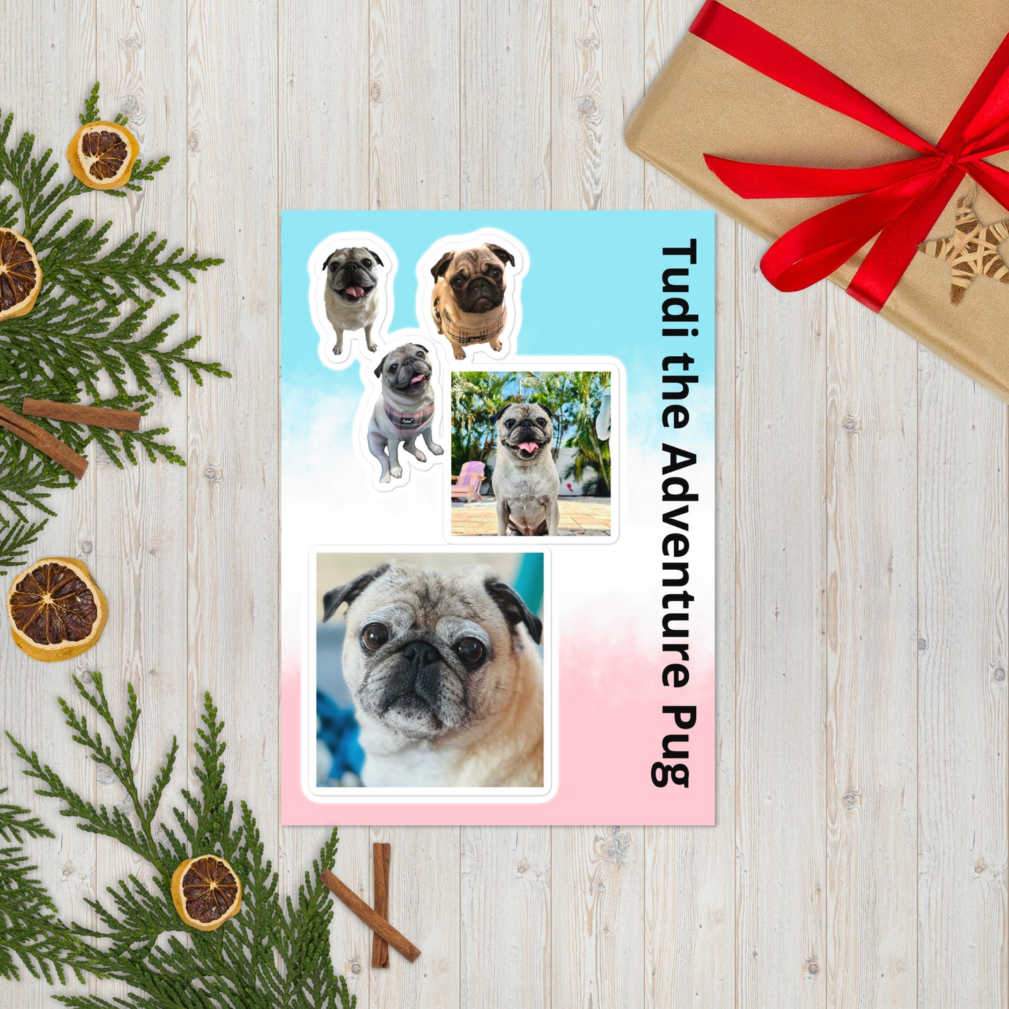 Tudi the Adventure Pug Sticker sheet