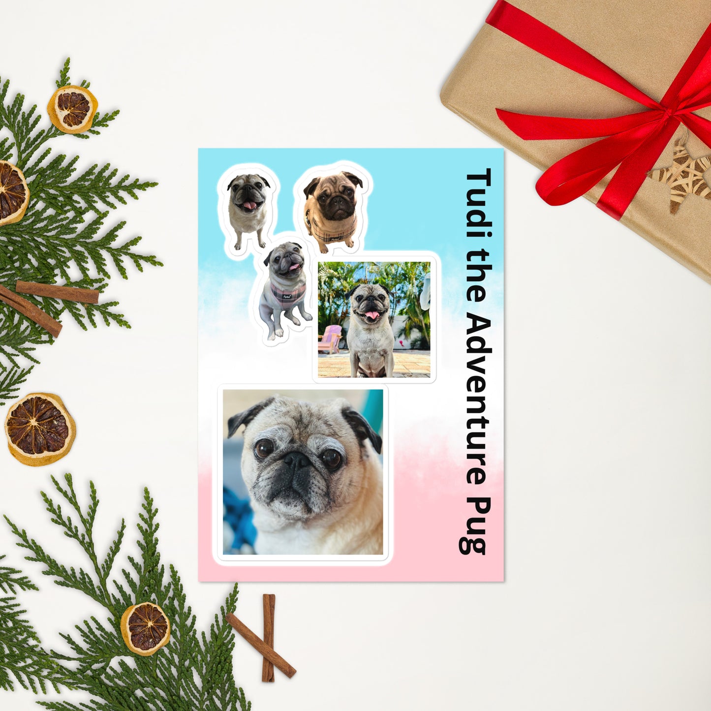 Tudi the Adventure Pug Sticker sheet