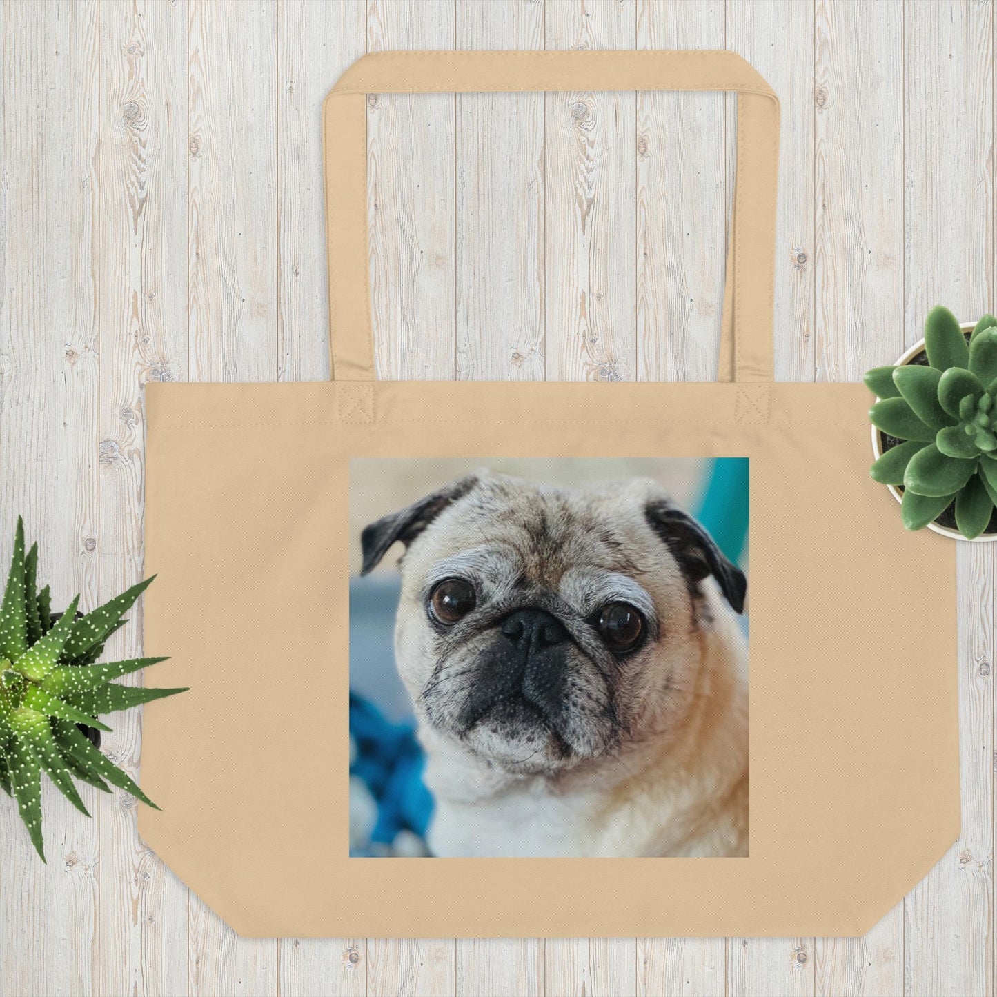 Tudi the Adventure Pug Large organic tote bag