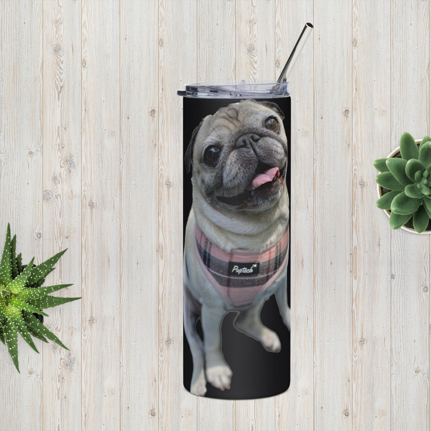 Tudi the Adventure Pug Stainless steel tumbler