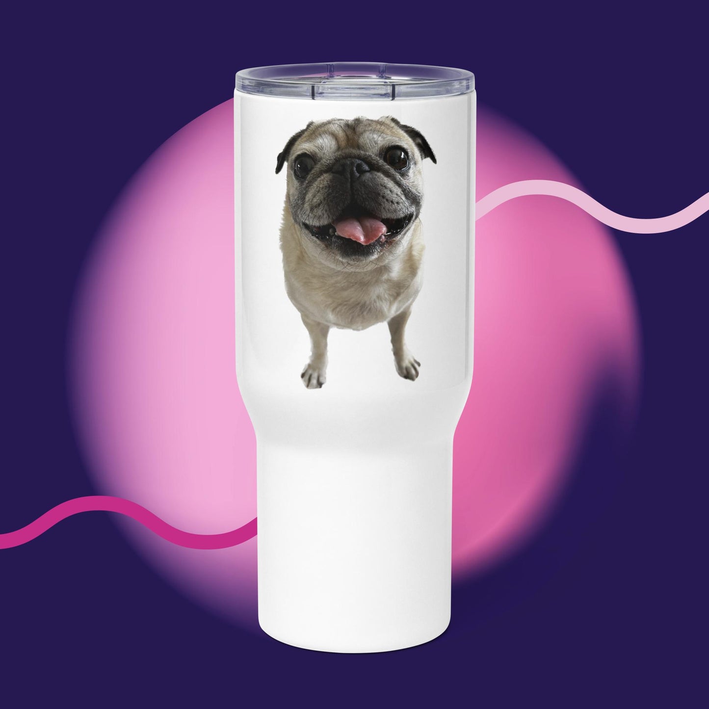 Tudi the Adventure Pug Travel mug with a handle