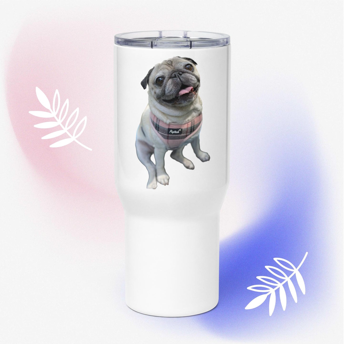 Tudi the Adventure Pug Travel mug with a handle