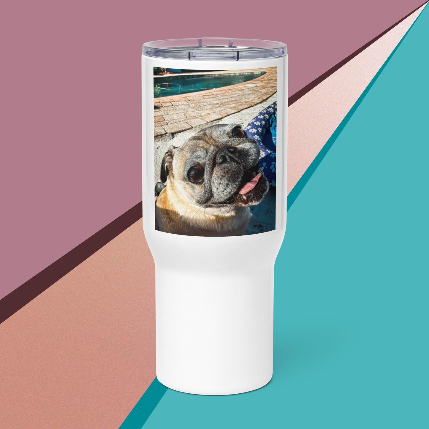 Tudi the Adventure Pug Travel mug with a handle